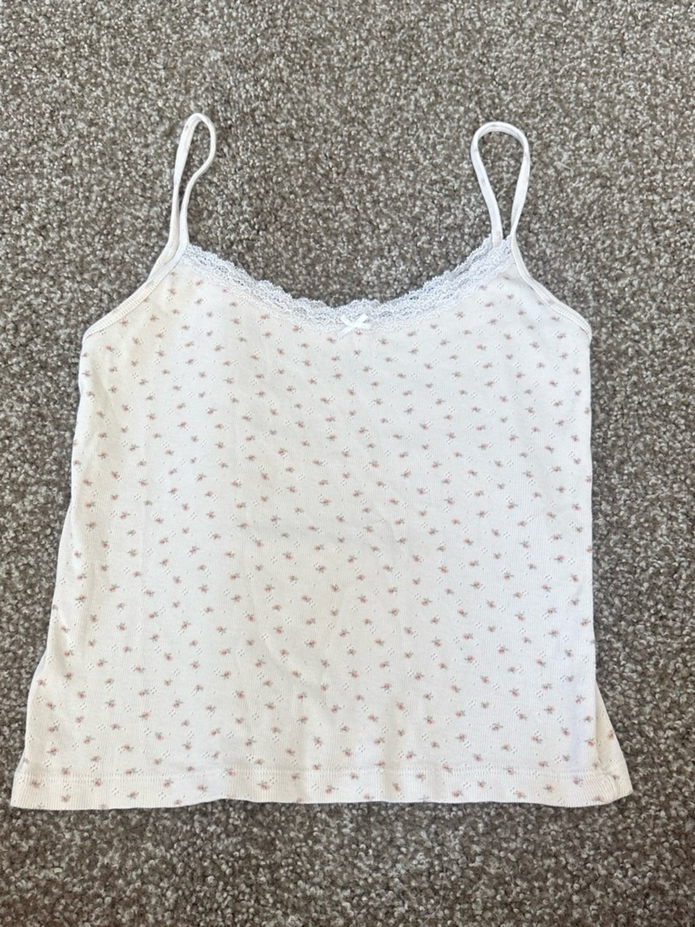 Brandy Melville White Cami with Pink Dot Print and Lace Trim